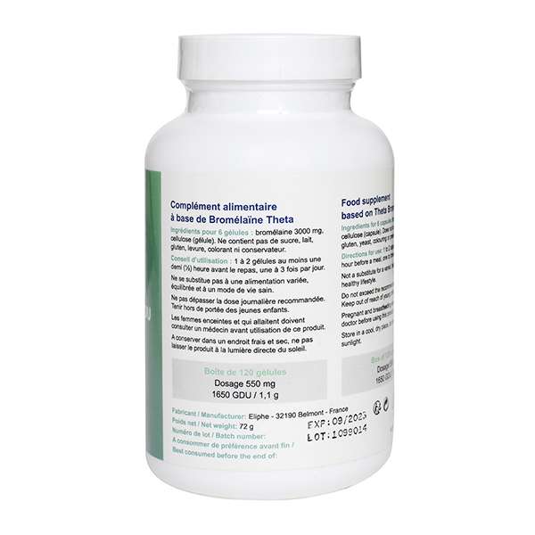 Bromelaine Tetha 120 gélules 550 mg Eliphe CA5 etiquette - Apoticaria