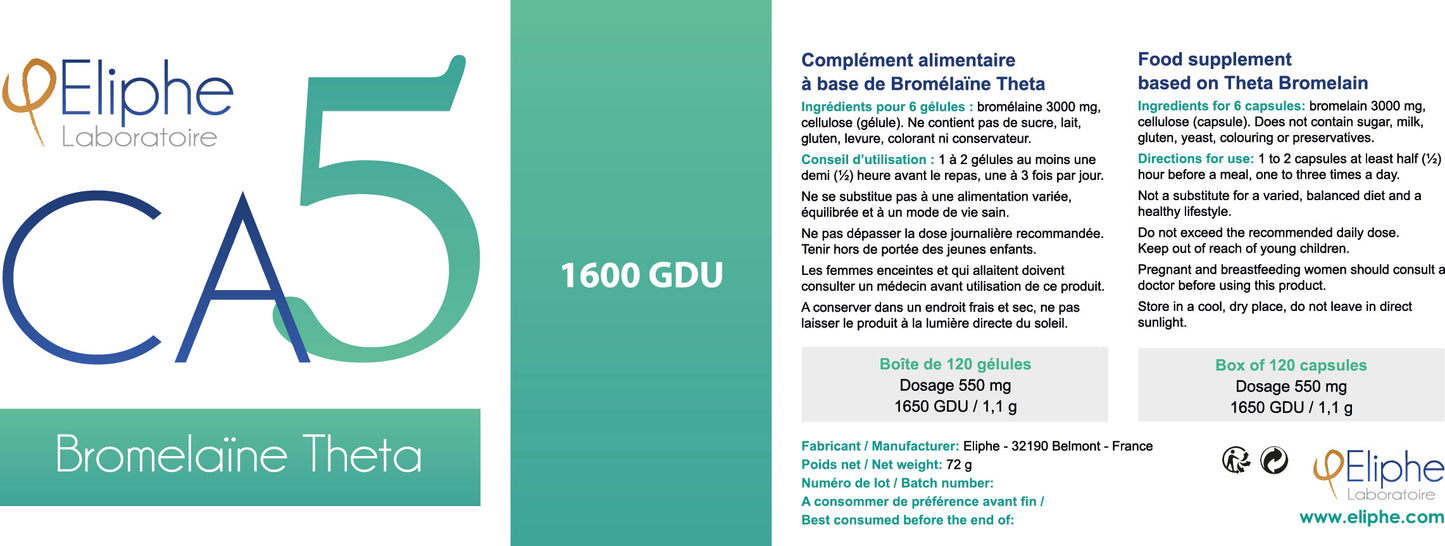 Bromelaine Tetha 120 gélules 550 mg Eliphe CA5 etiquette - Apoticaria