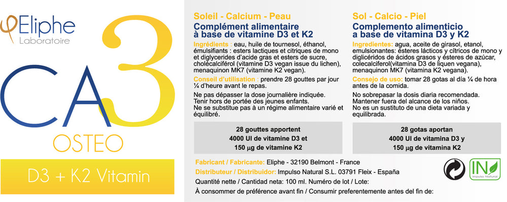 Vitamine D3 + K2 liposomale Eliphe CA3 100 ml etiquette